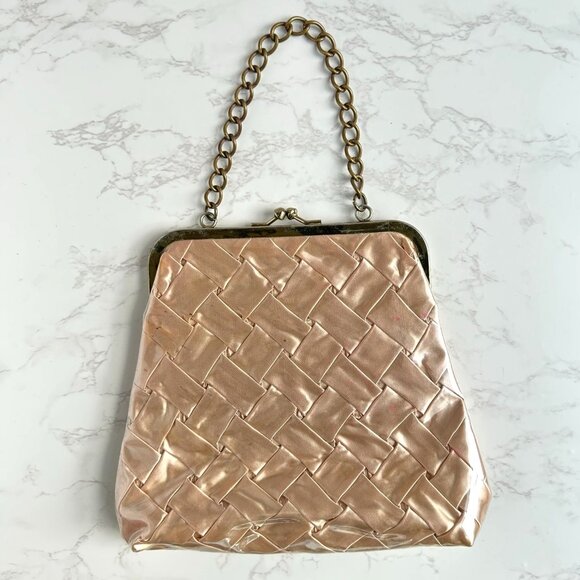 Vintage 1950s Woven Satin Handbag With Vinyl Overlay Chain Handle Gold - Picture 1 of 14